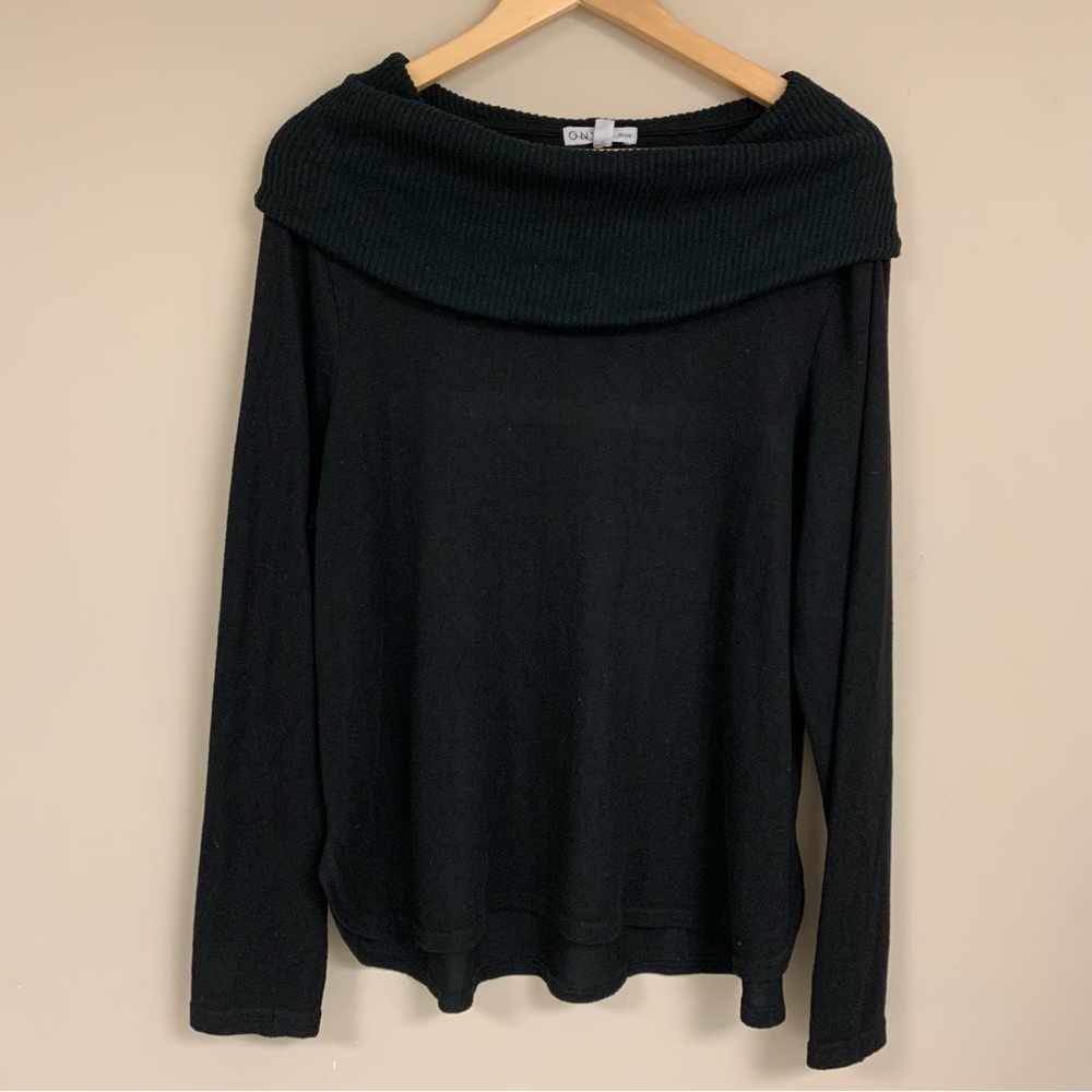 Black Folded Collar Flowy Blouse Women’s PXL Knit Shirt Long Sleeve Top by Onyx